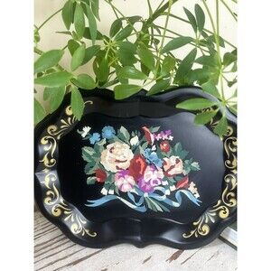 Vintage Metal Florals Paint By Numbers On Black/Trinket Tray 9.5” x 7”